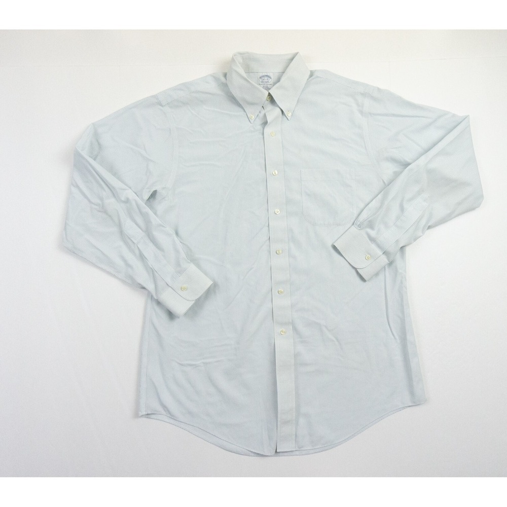 Brooks Brothers Shirt Mens 16.5 -35 Blue Button Up Slim Fit Non Iron Stripe FLAW